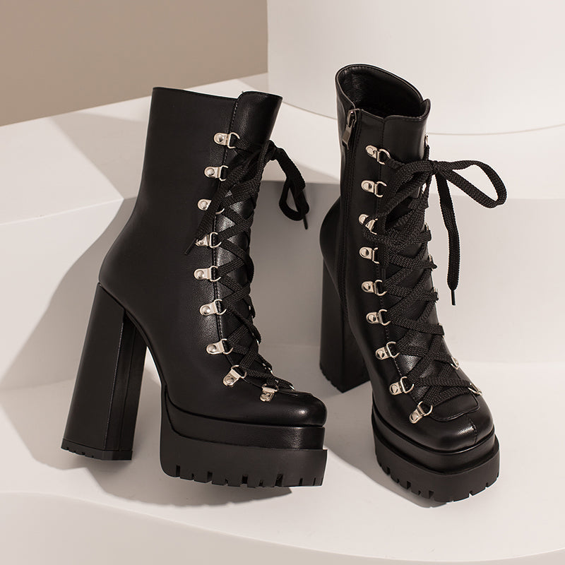 Fay Lace up Black Platform Ankle Boots Newgew