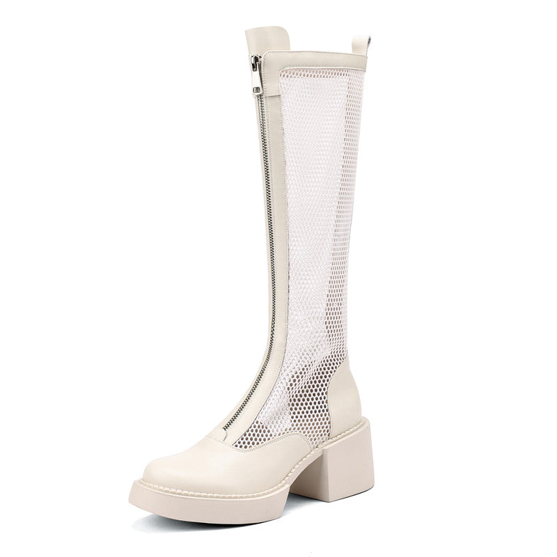 White Mesh Knee High Boots with Heels Newgew