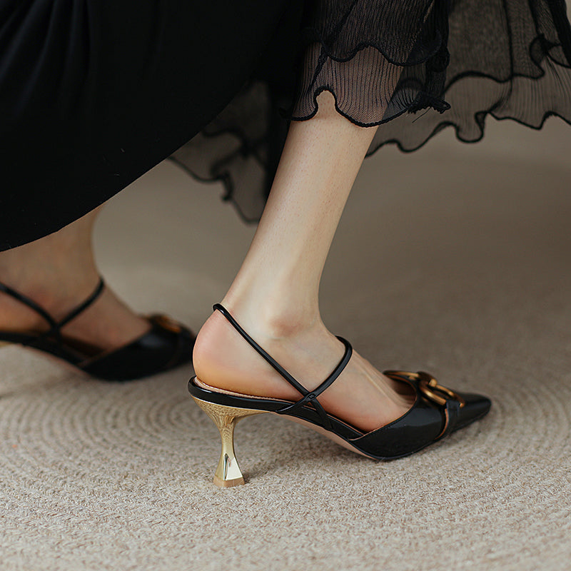 Fiona Black Kitten Heels with Gold Chain Newgew