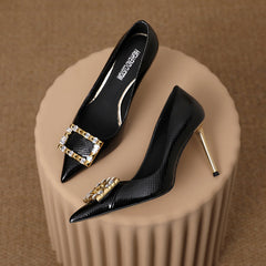 Macie Snakeskin Black Heels with Rhinestones newgew