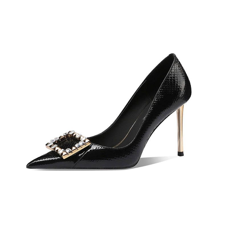 Macie Snakeskin Black Heels with Rhinestones newgew