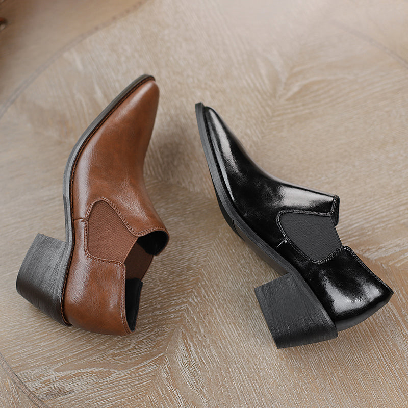 Harleen Retro Pointy Toe Genuine Leather Chunky Heel Handmade Pumps Newgew