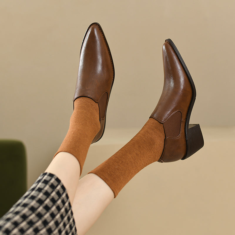 Harleen Retro Pointy Toe Genuine Leather Chunky Heel Handmade Pumps Newgew