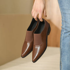 Hanan Retro Pointy Toe Genuine Leather Chunky Heel Handmade Pumps Newgew