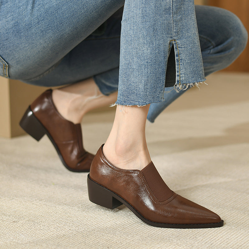 Hanan Retro Pointy Toe Genuine Leather Chunky Heel Handmade Pumps Newgew