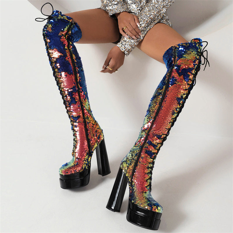 Hazel Gold Sequin Thigh High Boots Newgew