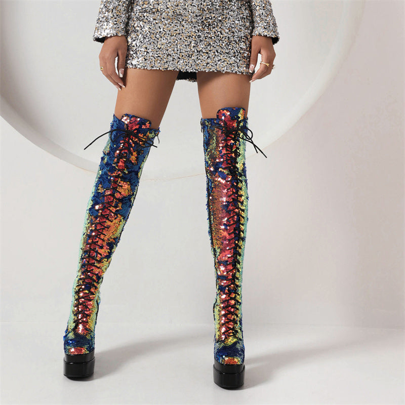 Hazel Gold Sequin Thigh High Boots Newgew