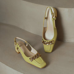 Iyana Yellow Square Toe Slingback Heels with Gold Chain newgew