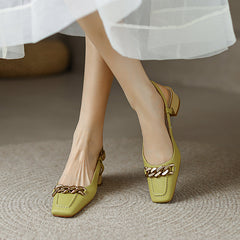 Iyana Yellow Square Toe Slingback Heels with Gold Chain newgew