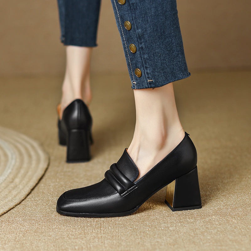 Indi Square Toe Black Heeled Loafers Newgew