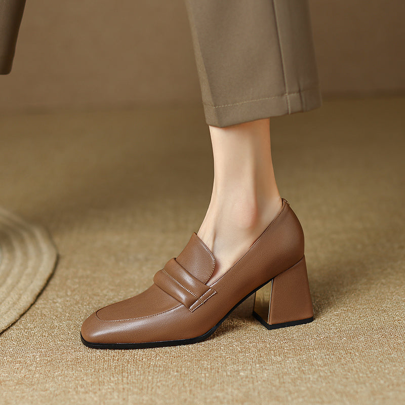 Indi Square Toe Brown Heeled Loafers Newgew