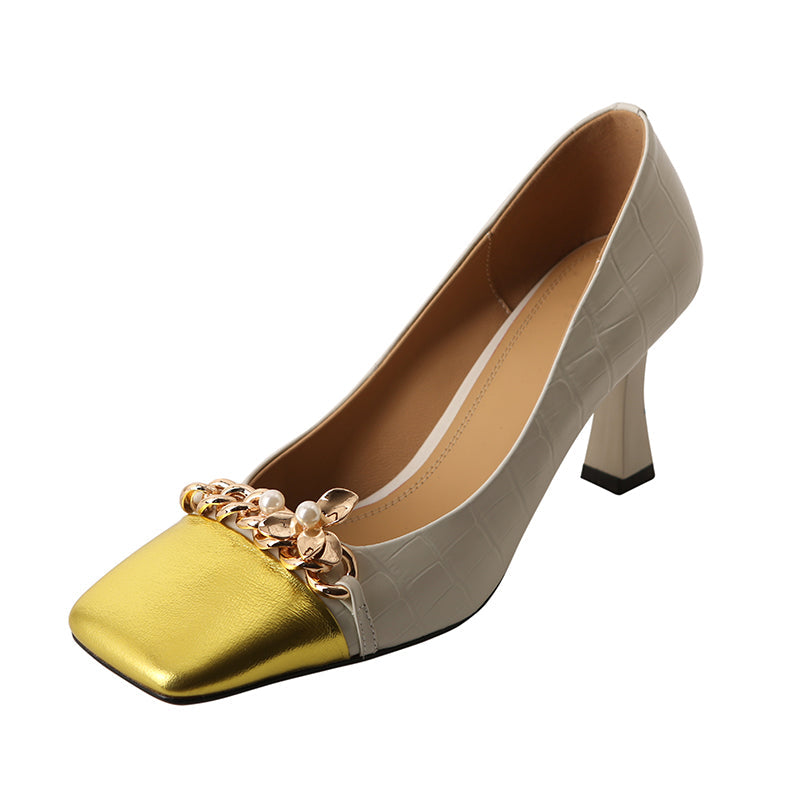 Emi White Square Toe Heels with Gold Chain NEW GEW