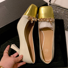 Emi White Square Toe Heels with Gold Chain NEW GEW