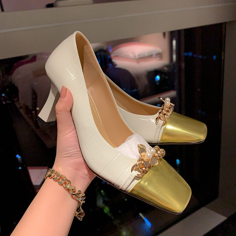 Emi White Square Toe Heels with Gold Chain NEW GEW