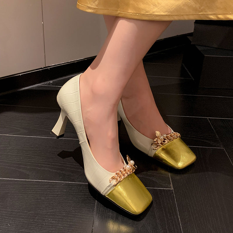 Emi White Square Toe Heels with Gold Chain NEW GEW