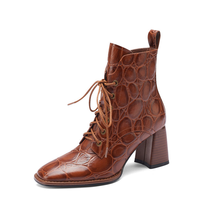 Husna Brown Square Toe Lace up Boots Newgew