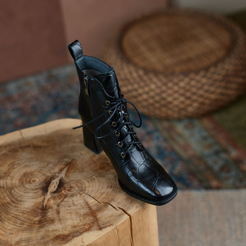 Husna Luxury Black Lace up Ankle Boots Newgew