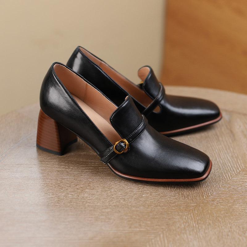 Indya Leather Black Loafers with Heels Newgew