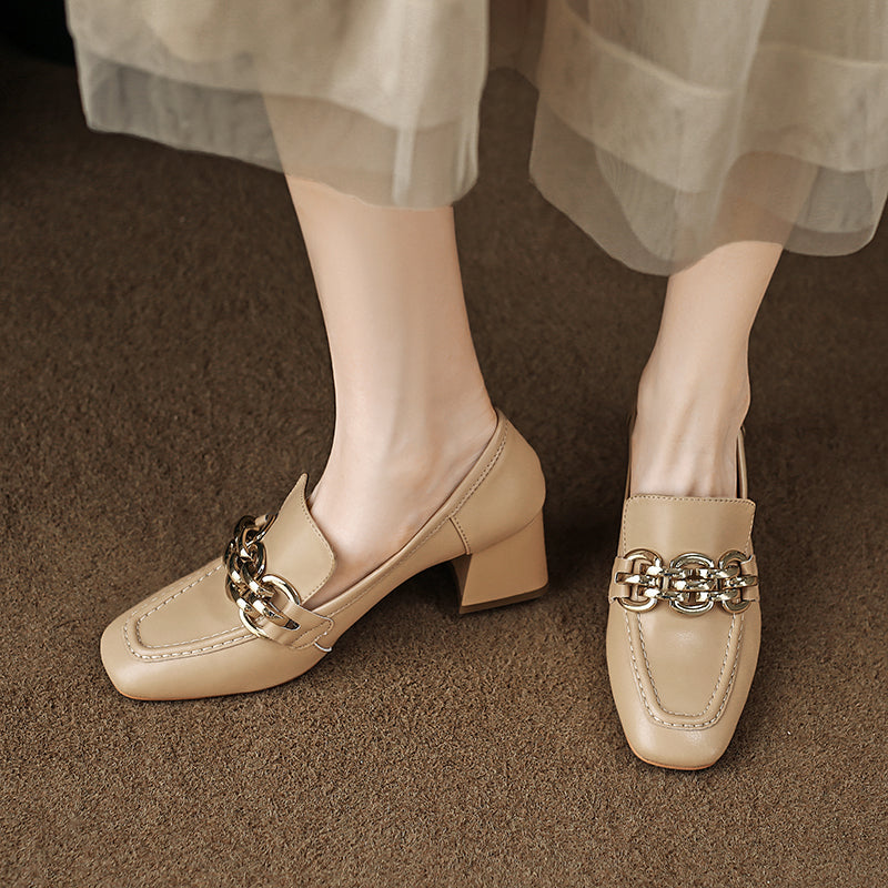 Isela Nude Square Toe Loafer Heels with Gold Chain Newgew