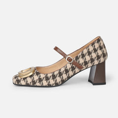 Iyla Plaid Mary Jane Chunky Heels with Gold Chain newgew