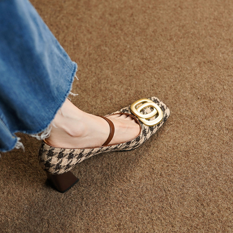 Iyla Plaid Mary Jane Chunky Heels with Gold Chain newgew