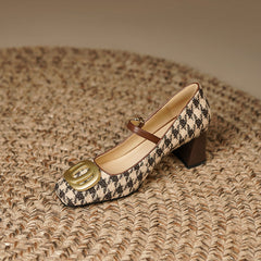 Iyla Plaid Mary Jane Chunky Heels with Gold Chain newgew