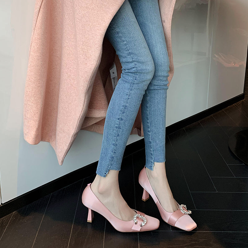 Greta Pink Satin Heels Newgew