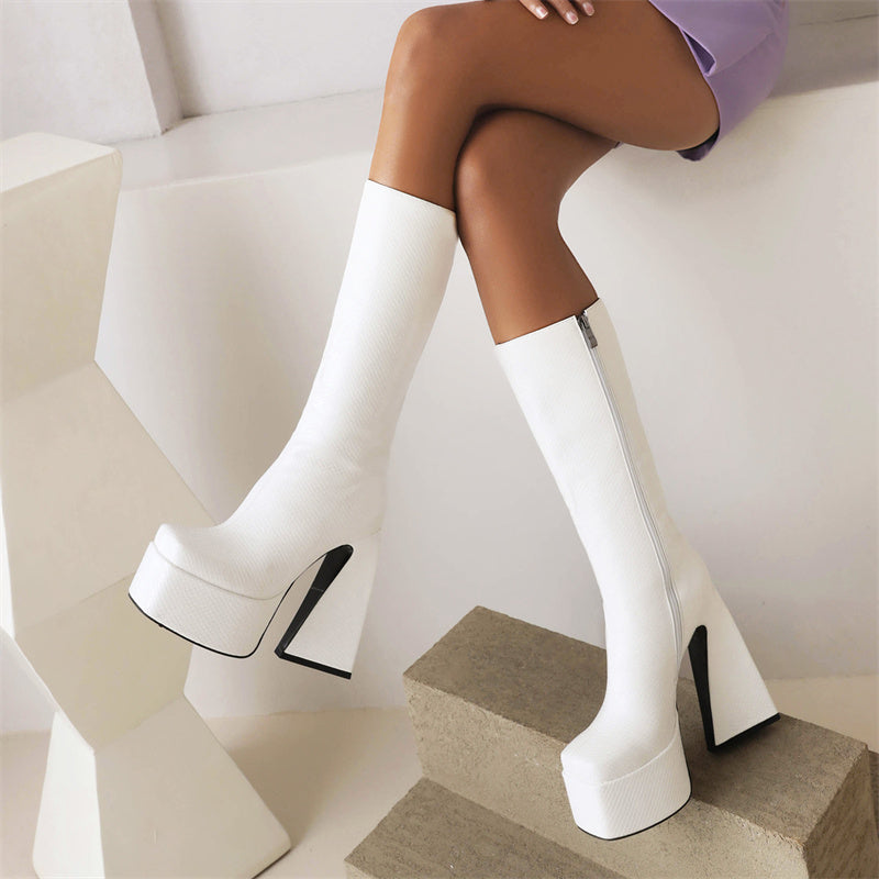 Hope White Chunky Heel Boots Newgew