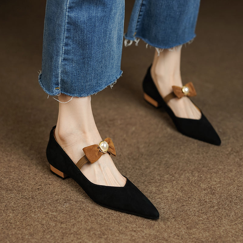 Ines Pointed Toe Flats with Bow and Pearl Newgew
