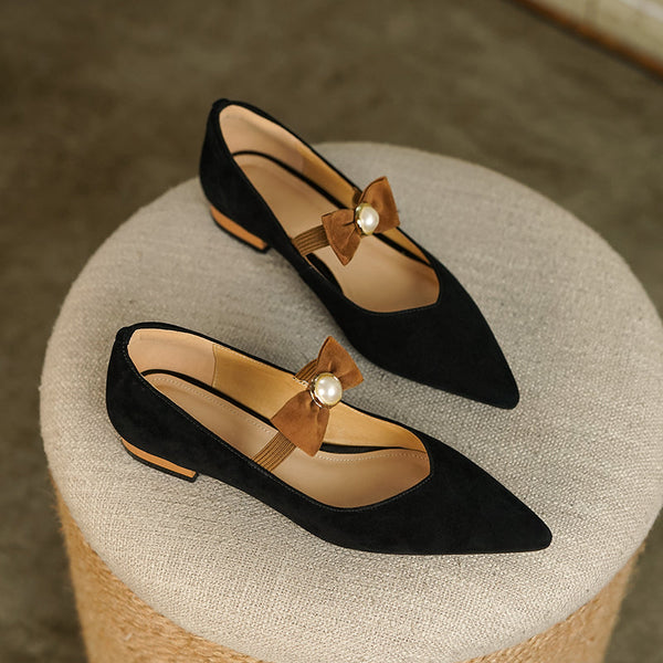 Ines Pointed Toe Flats with Bow and Pearl