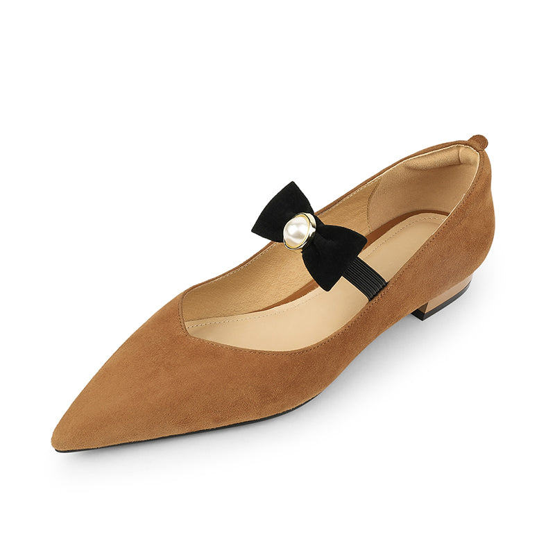Ines Pointed Toe Flats with Bow and Pearl Newgew