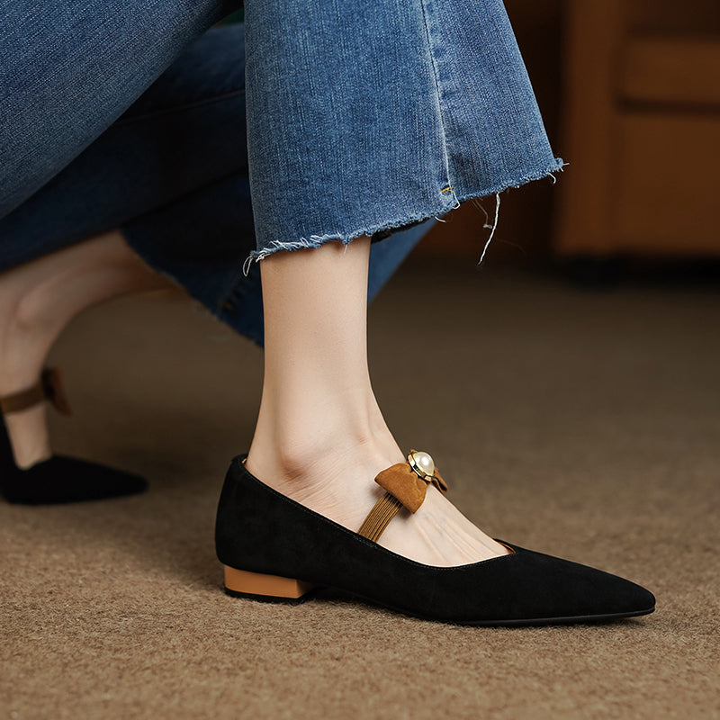 Ines Pointed Toe Flats with Bow and Pearl