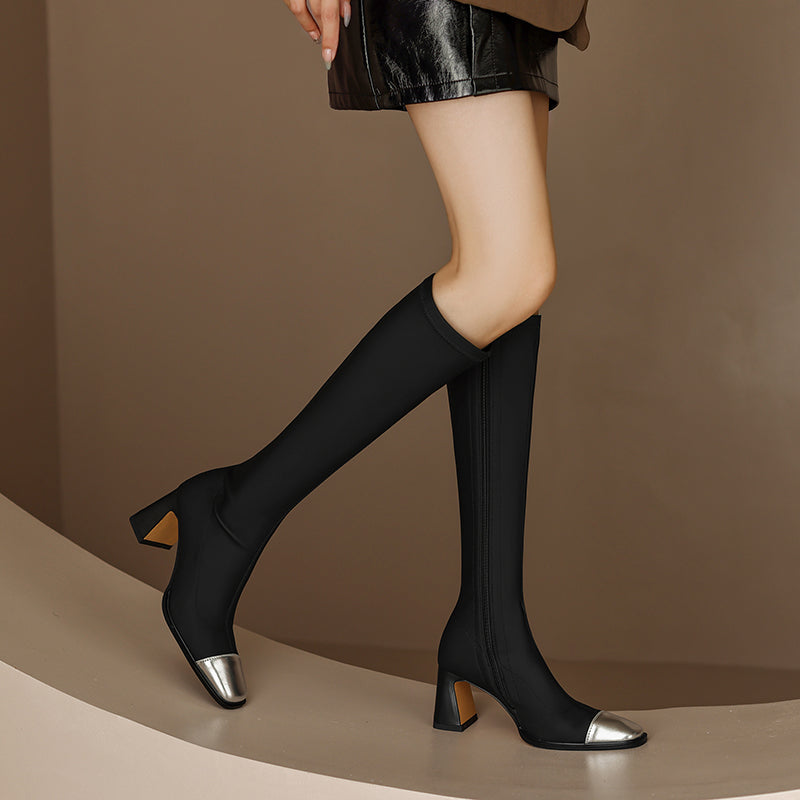 Hala Square Toe Block Heel Knee High Boots Newgew