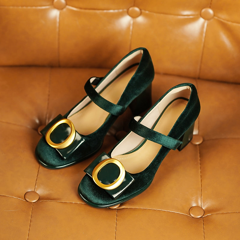 Inaya Mary Jane Emerald Green Velvet Heels – Newgew