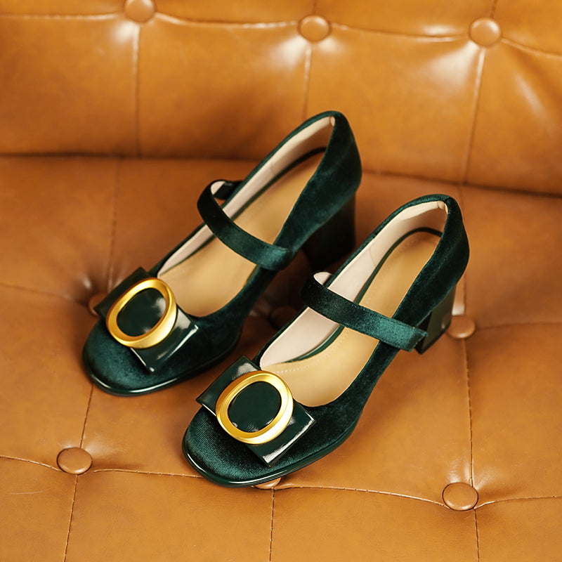 Inaya Mary Jane Emerald Green Velvet Heels Newgew